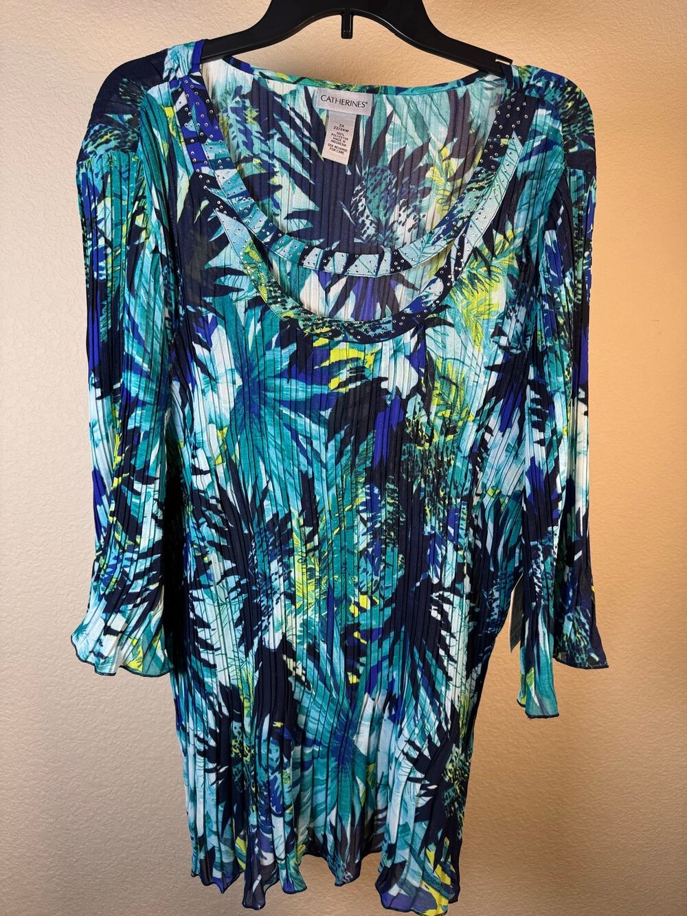 Catherines New Pleated Cutout-neck Tunic Blouse Blue Green Tropical 2X 3X 22/24W
